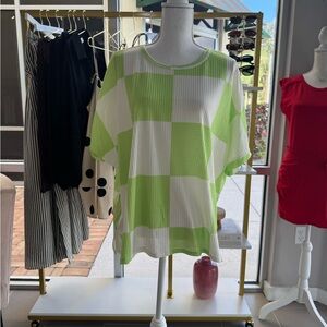 Vibrant Lime and White Checkered Short Sleeve Top